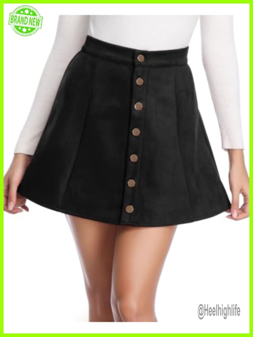Faux Suede Mini Skirt Button Front High Waist A-Line Flare